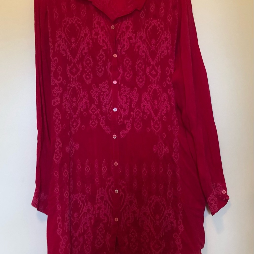 Johnny Was red rayon embroidered tunic. In very good used condition.